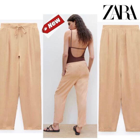 Zara beige pink satin pyjama pants Sz L NWT - Picture 1 of 11